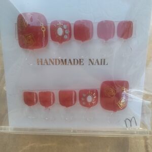 Handmade Red Gold Accent Press-On Toe Nails